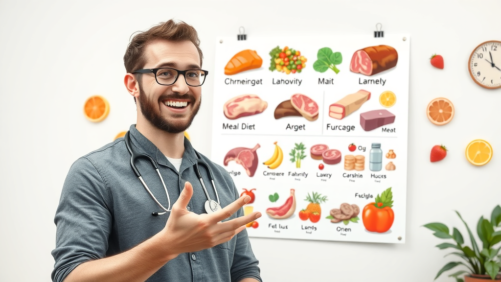 attentive nutritionist explaining carnivore meal plan, cheerful, cartoon chart of carnivore diet foods, vitamins and minerals