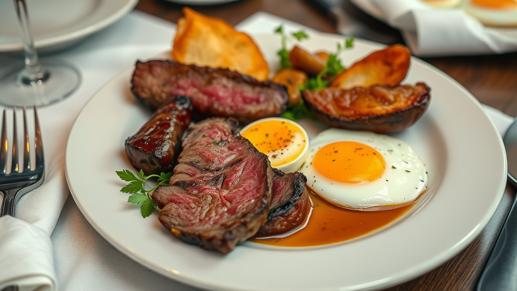 clean carnivore meal featuring steak, liver, eggs, appetizing, elegant dining setup, balanced meat diet