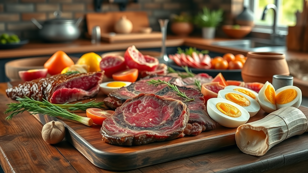 vivid assortment of fresh, high-quality cuts of steak, bacon, eggs, and bone marrow artfully arranged on a rustic wooden kitchen table, carnivore diet meal plan