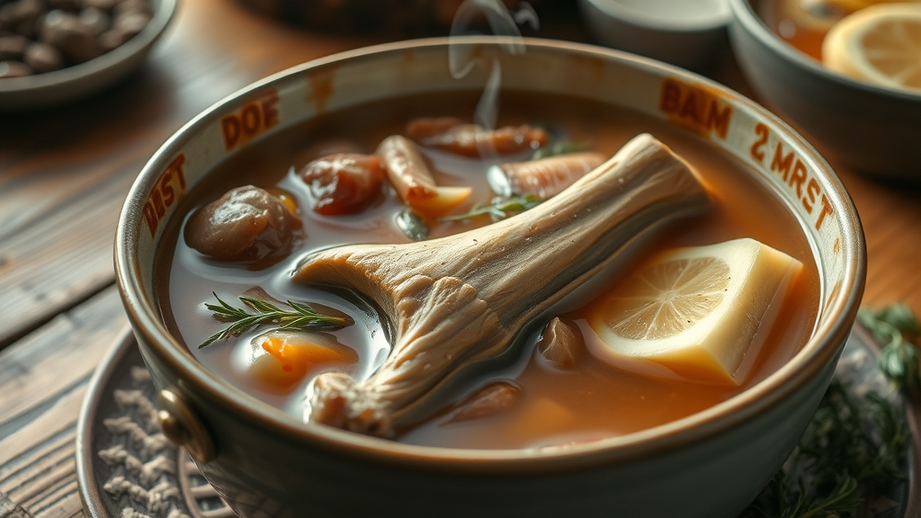 steaming bowl of rich bone broth with bone marrow, surrounded by organ meats and herbs, carnivore diet meal plan