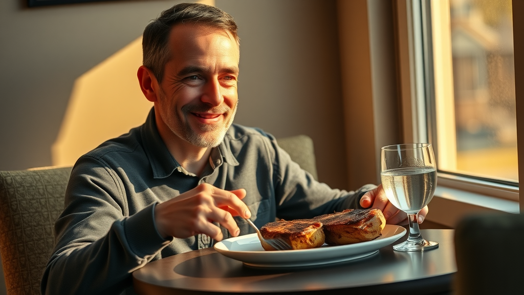 relaxed adult man enjoying a simple steak dinner at a small table, stress-free carnivore diet meal plan