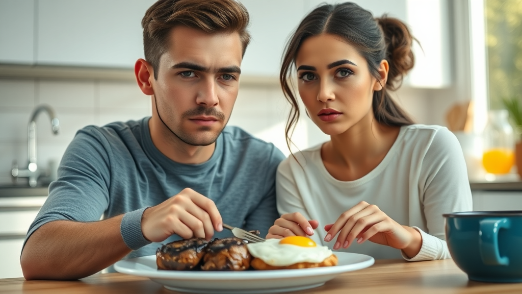 concerned young adults considering carnivore diet weight loss at breakfast table, plate with steak and eggs, bright modern kitchen