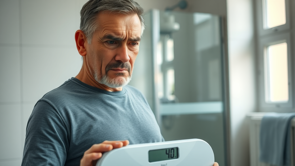 frustrated man weighing himself, carnivore diet weight loss plateau, digital scale, home bathroom, morning light
