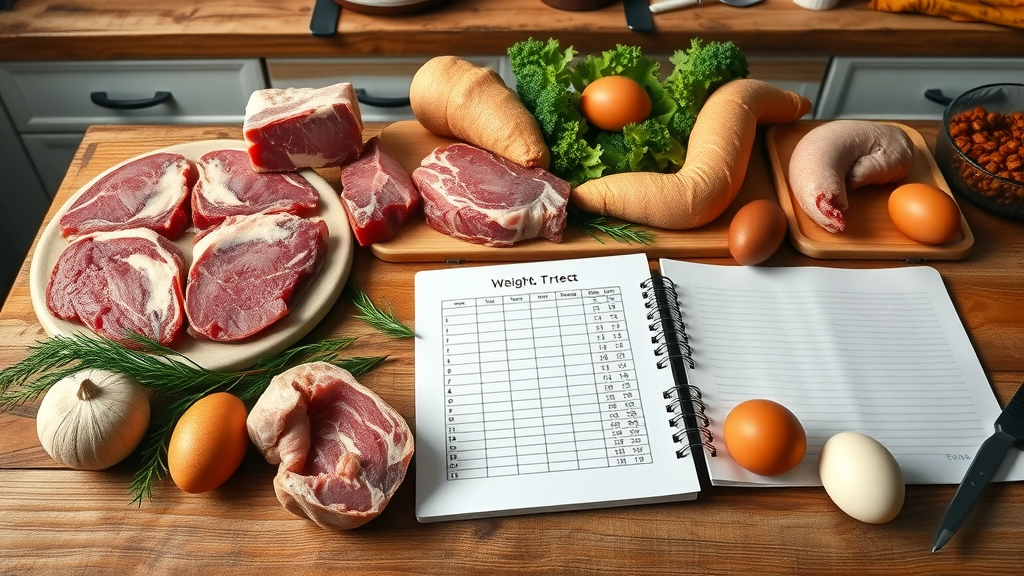organized table with lean meats, organ meats, eggs, and a weight loss tracking chart for carnivore diet success