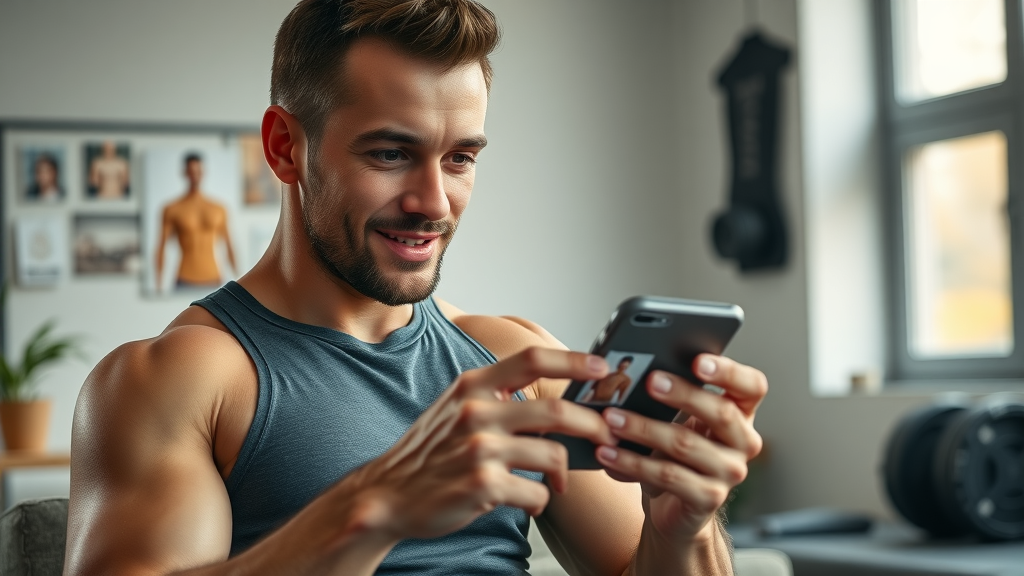 fit adult man reviewing carnivore diet weight loss progress photos on smartphone, modern living room background