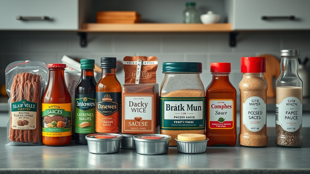 processed meats, sauces, cheeses, spices as common mistakes in carnivore diet weight loss, neatly arranged kitchen counter