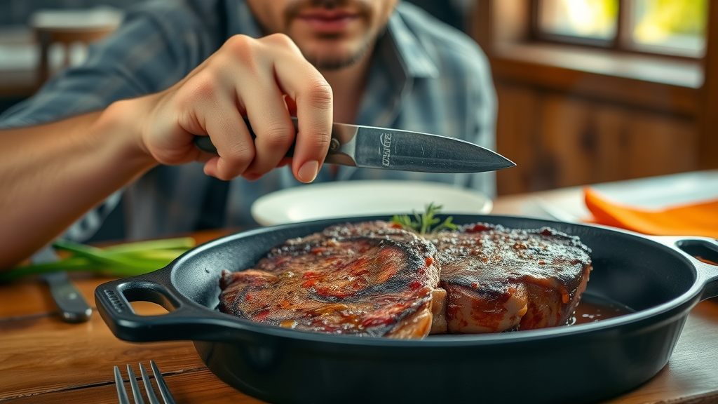 Artisan carnivore meal presentation with steak and sizzling meat juices in a cast iron skillet, rustic wooden table, warm window light, carnivore diet recipes success