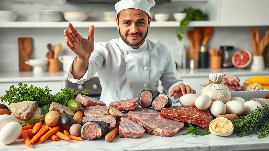 Carnivore diet ingredients including fresh cuts of meat, eggs, and organ meats arranged artfully on a marble countertop, carnivore diet recipes prep