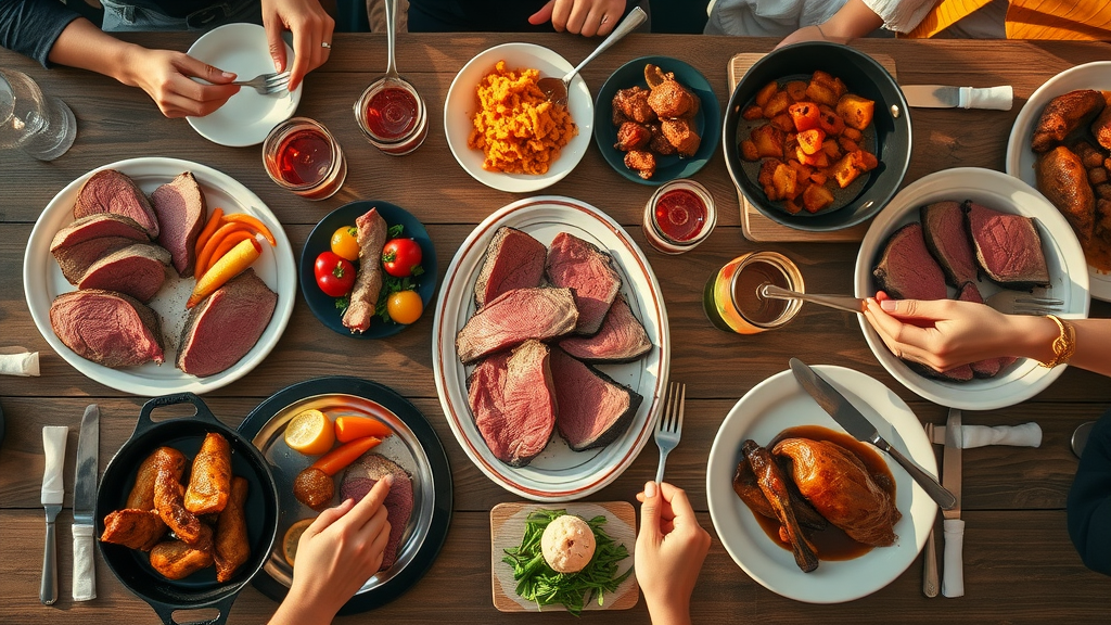 Overhead shot of a vibrant carnivore feast: multiple hot dishes of meats on a farmhouse table, steam rising from platters, carnivore diet recipe inspiration