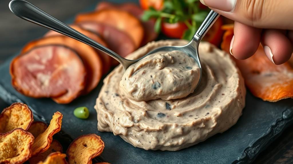Close-up of creamy beef liver pâté spread on a slate platter, beside pork rinds and sliced meats, carnivore diet recipes delicacy