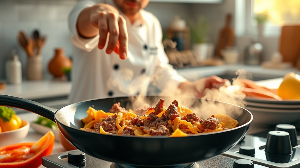 Hearty breakfast skillet with golden pork rinds and juicy ground beef in a modern kitchen, healthy breakfast carnivore diet recipe