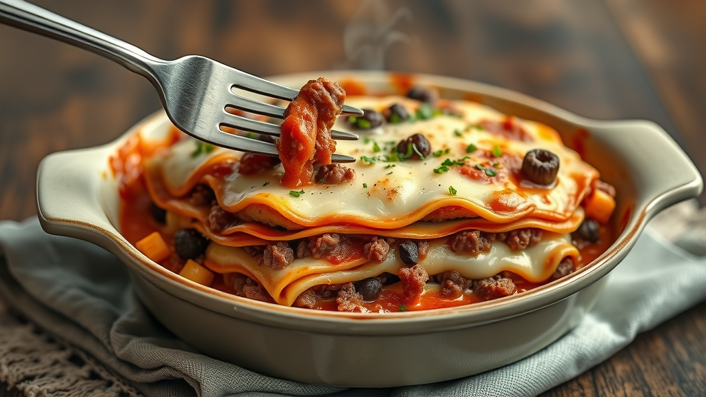 Ultra-low carb carnivore lasagna in a ceramic baking dish, visible layers of ground beef and cheese, innovative carnivore diet recipe concept