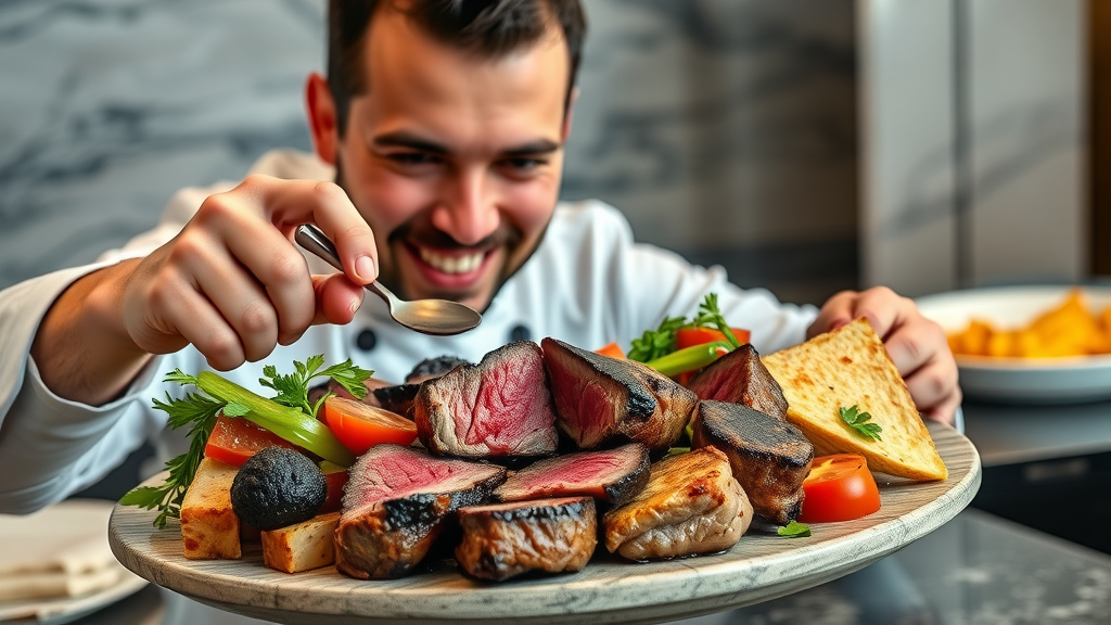 Fusion platter of keto-inspired carnivore diet recipes, meats paired with creative fat sources, modern setting, healthy keto carnivore meal