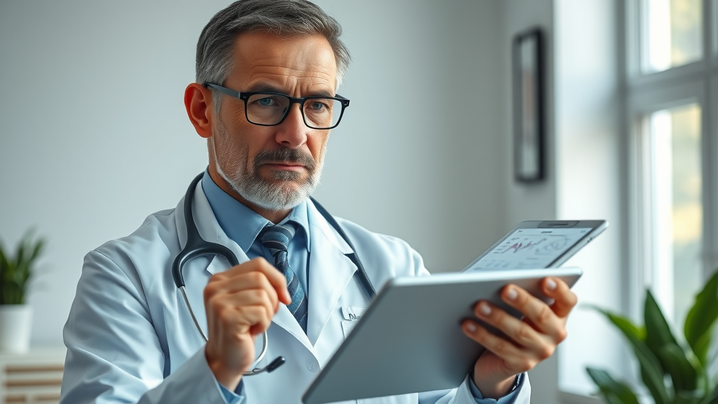 doctor presenting recent medical research on carnivore diet health effects in a modern office with health charts and medical charts visible on tablet