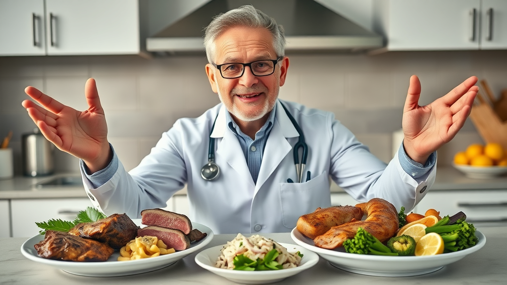 informative nutritionist comparing plates of meat for different diets in a detailed kitchen scene
