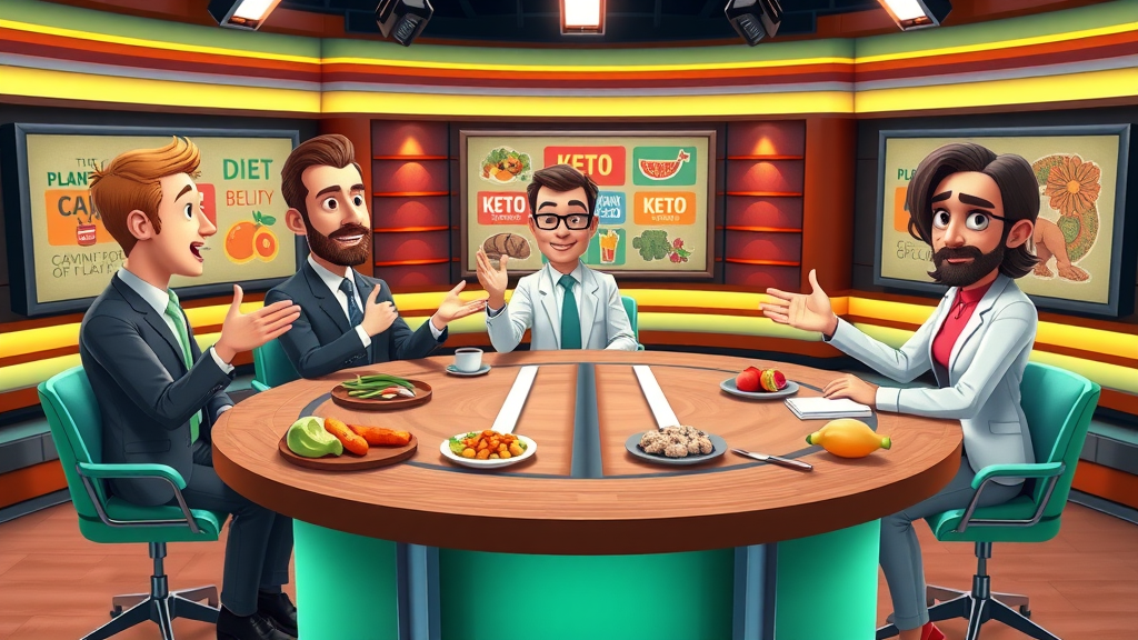 panel of animated experts debating ketogenic, plant-based, and carnivore diet health effects at a colorful studio table