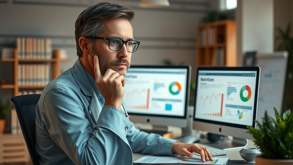 health researcher analyzing nutrition info and medical charts about carnivore diet health effects