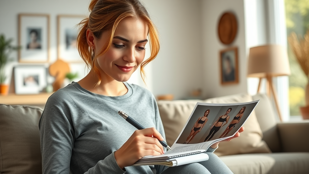 focused woman writing progress notes beside before-and-after photos depicting weight loss and carnivore diet results