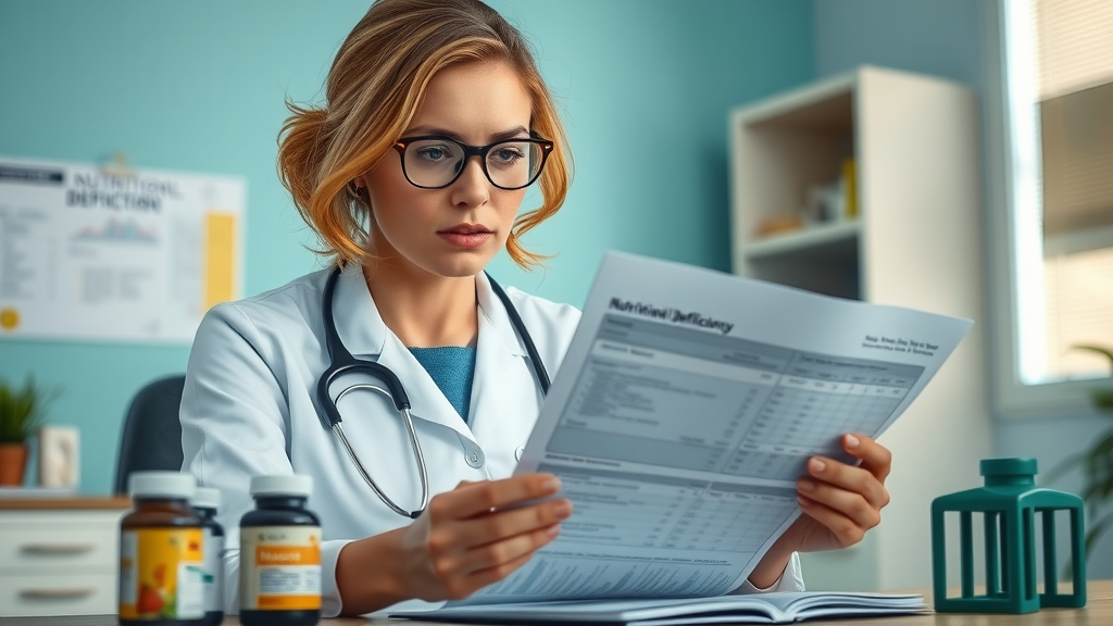 dietitian reviewing nutritional deficiency charts and supplement bottles, discussing risks of carnivore diet health effects