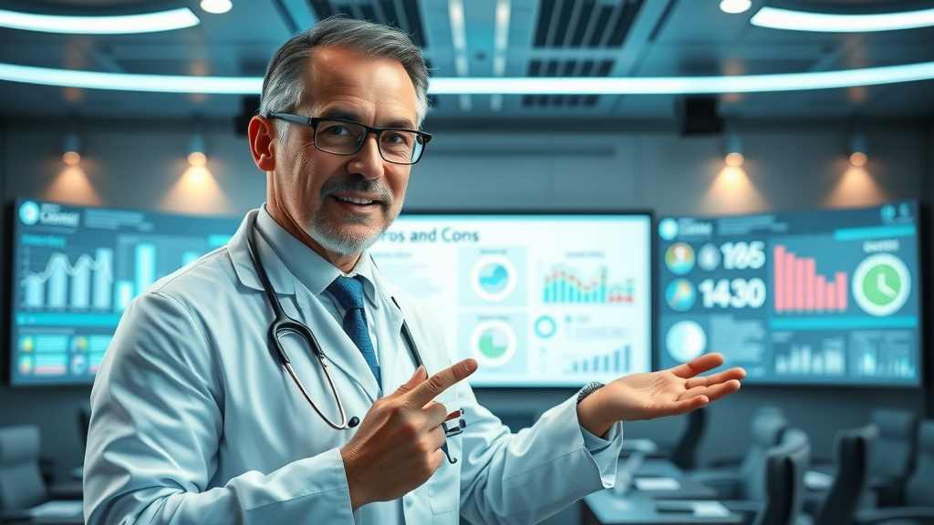 medical expert presenting pros and cons chart for carnivore diet health effects with digital board