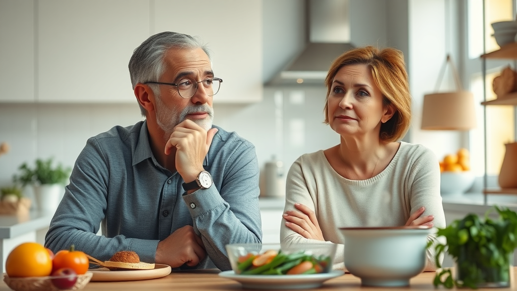 thoughtful man and woman considering the carnivore diet vs keto at a kitchen table with healthy foods