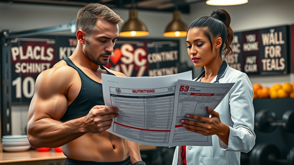 athlete and nutritionist reviewing carnivore diet vs keto meal plans and nutrition charts in a gym kitchen setting