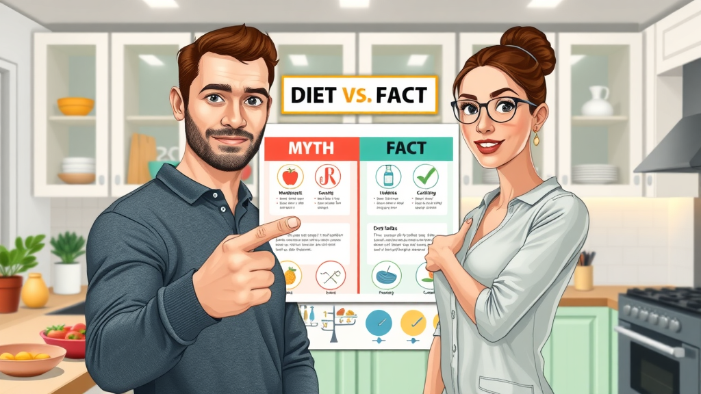 Carnivore diet myths and facts infographic, myth vs fact chart, illustrated in bright kitchen setting with health icons, focusing on red meat and weight loss claims