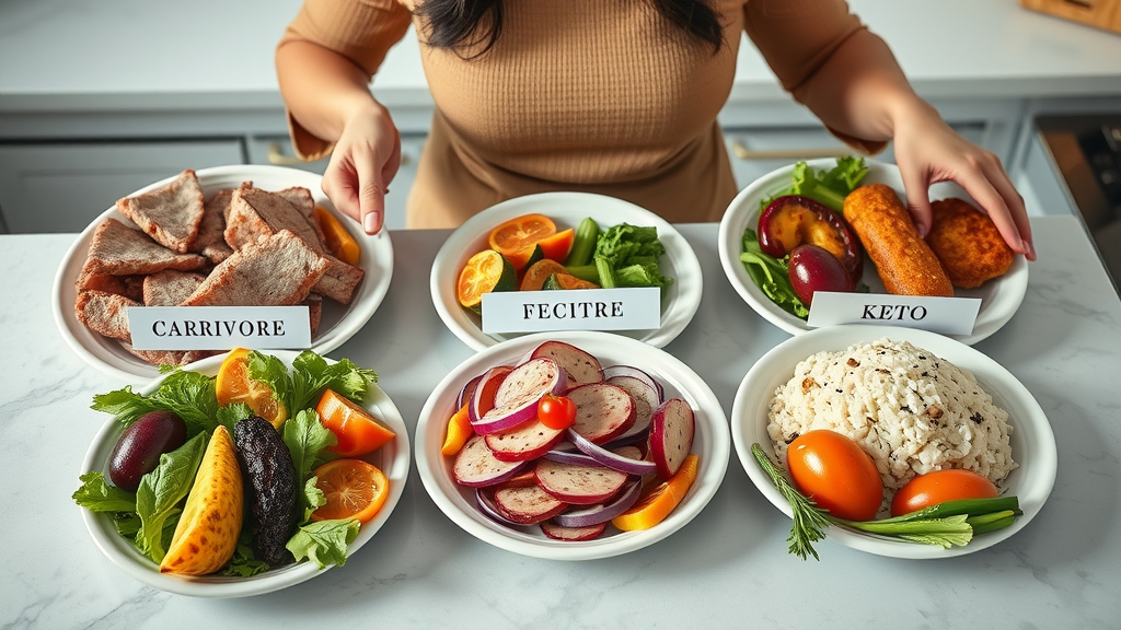 Comparative food platters with carnivore, keto, and standard diets, illustrating differences in animal products, carb restriction, and saturated fat