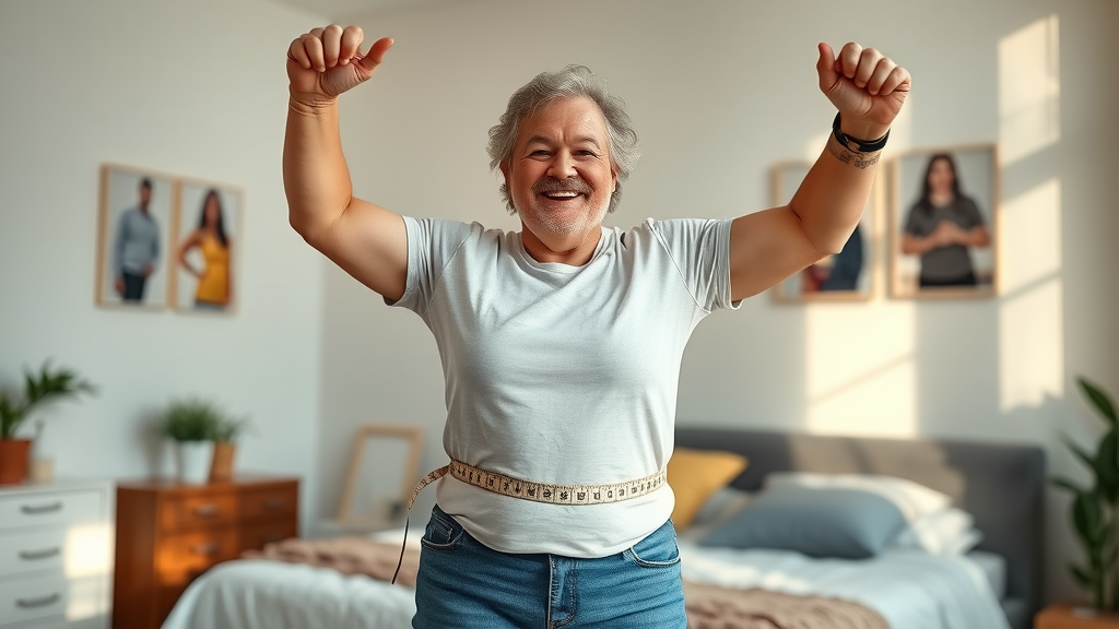 Person celebrating healthy weight loss from carnivore diet, measuring waist in bright room, before and after journey with animal-based nutrition