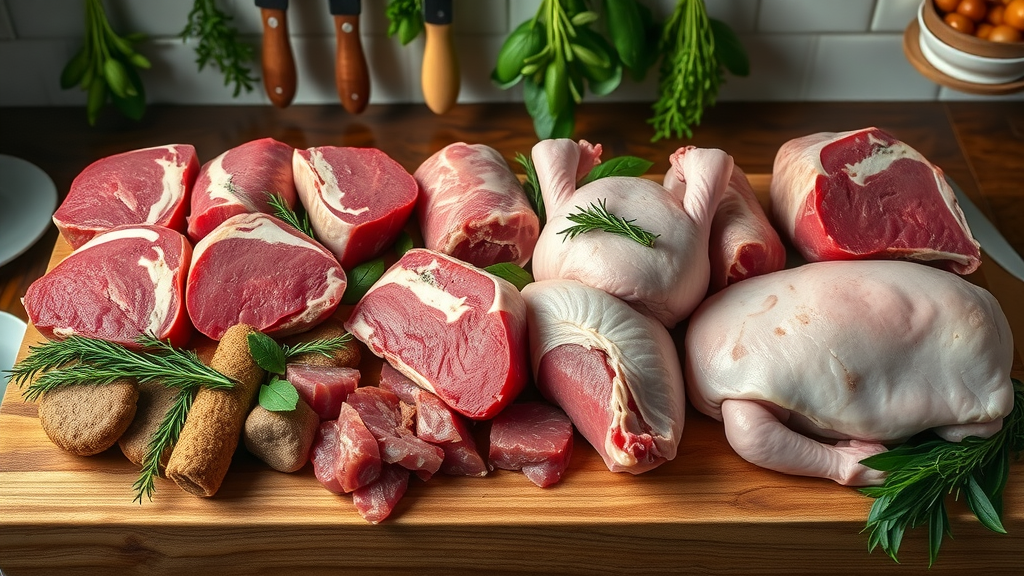 Vivid arrangement of various fresh raw meats (beef, lamb, chicken, and pork) displayed on a wooden butcher block, with herbs and rustic kitchen background, focusing on carnivore diet for beginners