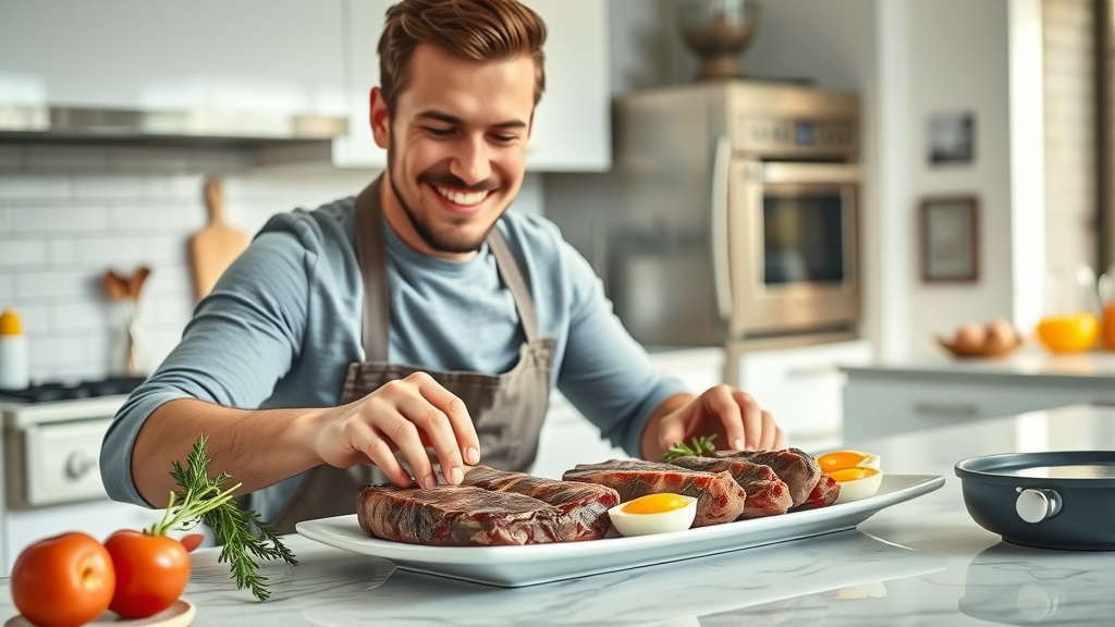 Confident beginner in a modern kitchen preparing a plate with steaks, liver, and eggs for a carnivore diet meal plan on a marble countertop