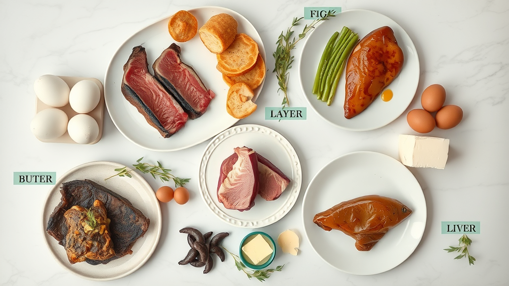 Elegant assortment of animal-based foods for carnivore diet meal plans: steak, eggs, butter, cheese, fish, liver, artfully plated on a marble kitchen backdrop