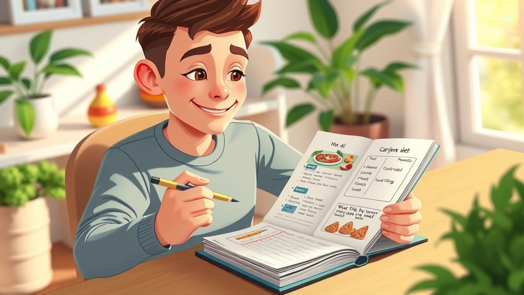 Hopeful person reviewing a personalized carnivore diet journal with meal plans and progress notes in a motivational home scene, emphasizing the right way to start the carnivore diet for beginners