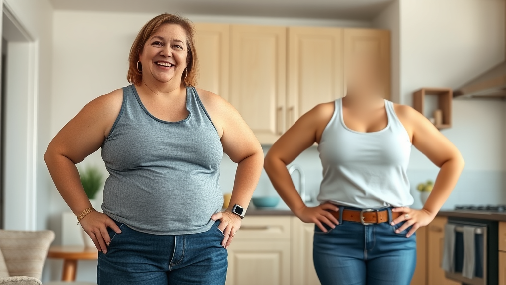 Confident adult smiling after significant weight loss on carnivore diet: hands on hips, natural background, healthy glow, photorealistic