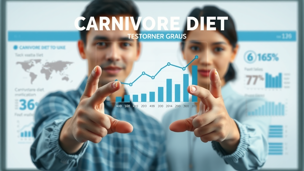 Carnivore diet statistics and facts infographic: modern clean design, blue and white scheme, photorealistic gestures toward charts