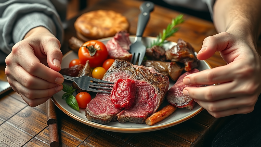 Lifelike plate of red meat and organ meats: vibrant steak, inviting hands ready to eat, photorealistic, rustic table background