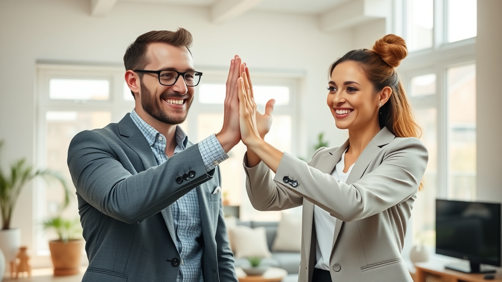 Optimistic man and woman celebrating carnivore diet health transformation with high five, photorealistic modern living room