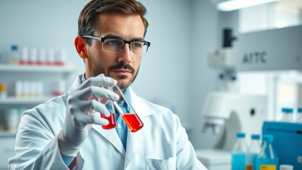 Scientist in lab coat analyzing sample for carnivore diet research, photorealistic clinical research lab