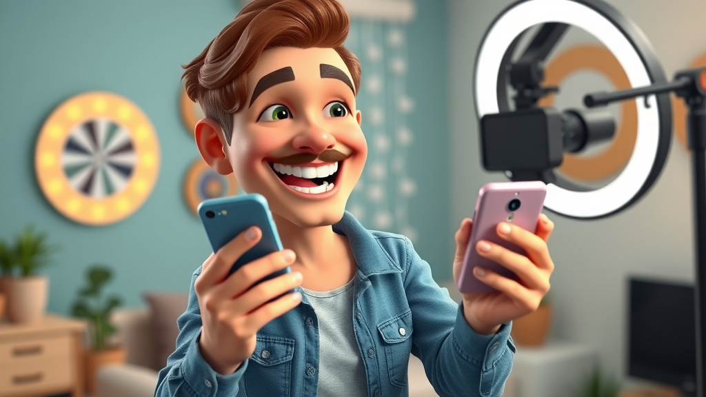 Charismatic influencer giving carnivore diet tips on smartphone, stylized home studio, 3D cartoon style