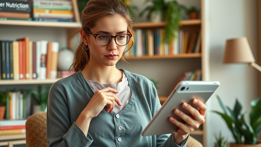 Confident nutritionist reviewing carnivore diet social media posts for authenticity on tablet, photorealistic cozy office