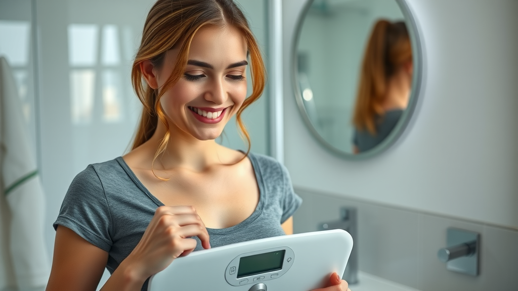 Focused woman using digital scale to track weight loss progress on carnivore diet, photorealistic modern bathroom