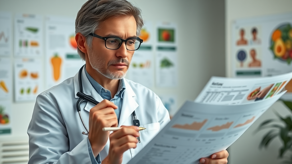 nutritionist analyzing carnivore diet nutrient intake charts in clinical setting