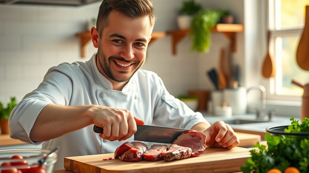 smiling chef confidently preparing organ meats, highlighting the importance for carnivore diet nutrient intake