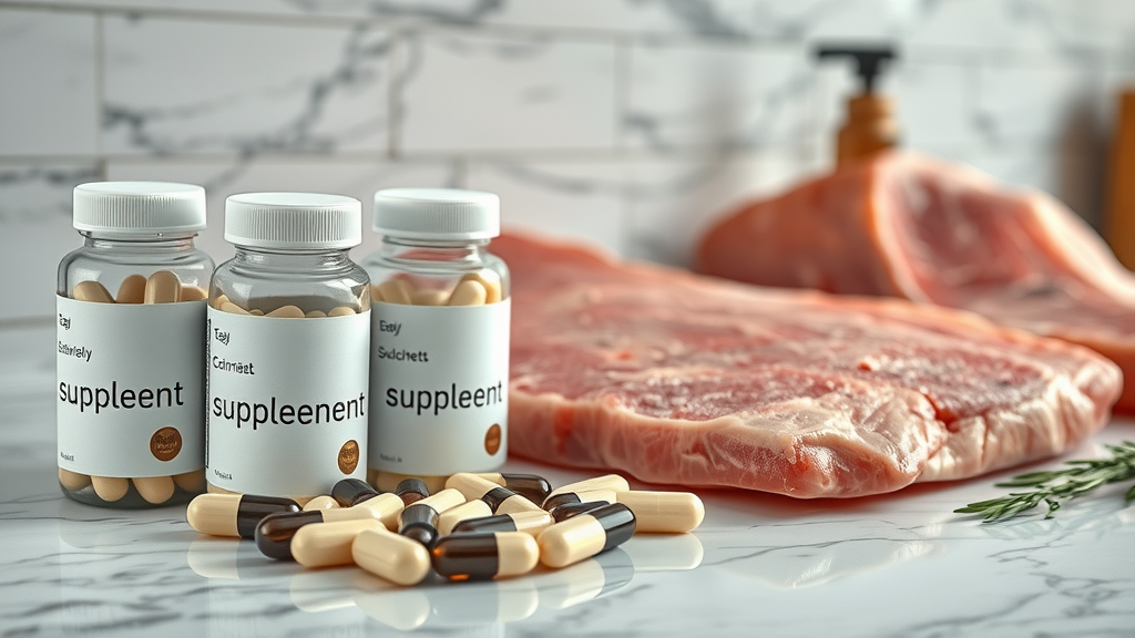 open supplement bottles beside fresh meat cuts raising the question about carnivore diet nutrient intake supplementation