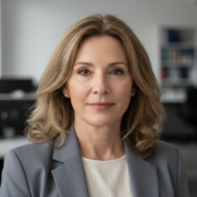 Professional editorial portrait of a credible female journalist with light skin and shoulder-length hair.