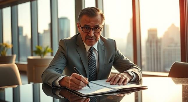 dominant media mogul, commanding expression, signing documents, photorealistic, luxurious office with city view from floor-to-ceiling windows, highly detailed, sunlight streaming in, 35mm lens, warm golden lighting, shot with a Leica SL2