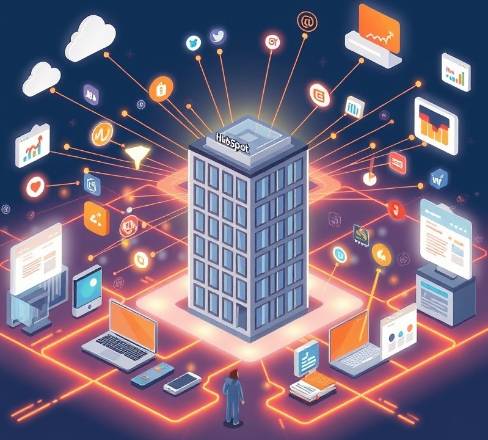 Modern digital illustration of HubSpot evolving into a media powerhouse with growth signals.