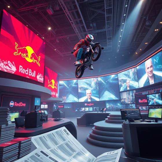 Dynamic scene of a beverage company evolving into a media empire, featuring an athlete mid-air.