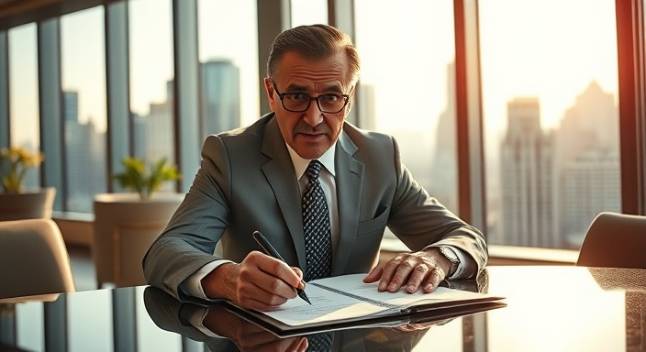 dominant media mogul, commanding expression, signing documents, photorealistic, luxurious office with city view from floor-to-ceiling windows, highly detailed, sunlight streaming in, 35mm lens, warm golden lighting, shot with a Leica SL2