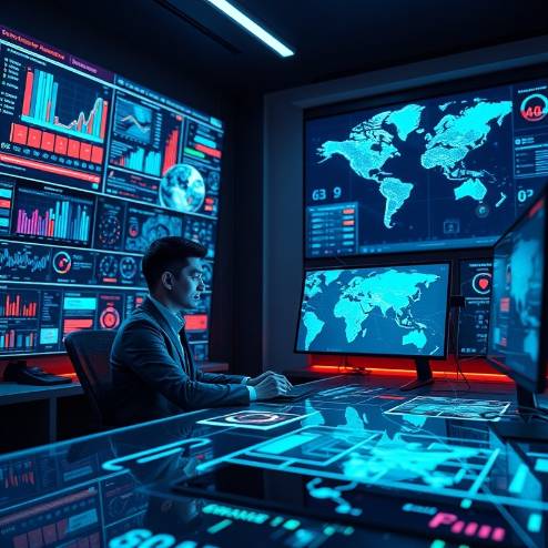 Advanced AI media control center with a confident strategist and glowing screens.